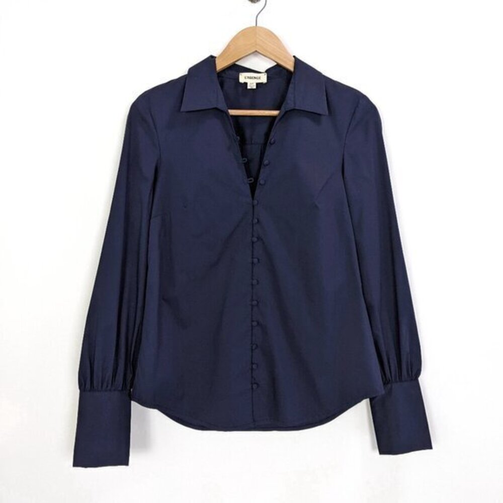 NWOT L'AGENCE Womens Loop Button Puff Sleeve Button Cuff Blouse Dark Navy Size S